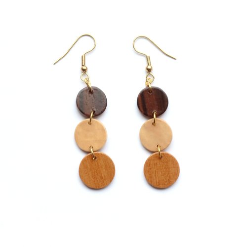 Boucles d'oreille trois couleurs et trois ronds en bois