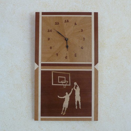 Horloge pendule basket en marqueterie bois