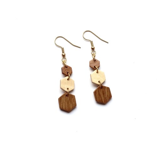 Boucles d'oreille trois hexagones bois