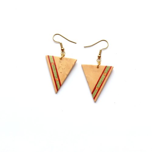Boucles d'oreille triangle en marqueterie bois jaune rouge vert