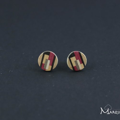 Puces d'oreille rondes en bois, clous d'oreille en marqueterie bois clair et filet de marqueterie coloré