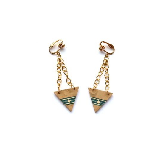 Clips d'oreilles en bois - triangle en bois bleu en bout de chaine