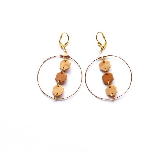 Boucles d'oreille créole trois hexagones en bois