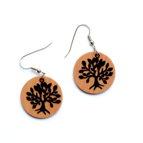 Boucles d'oreille ronde en bois et arbre de vie métal noir