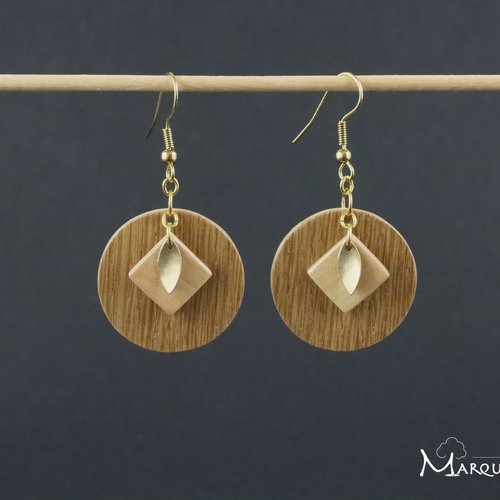 Boucles d'oreille formes géométriques en bois - duo rond et carré