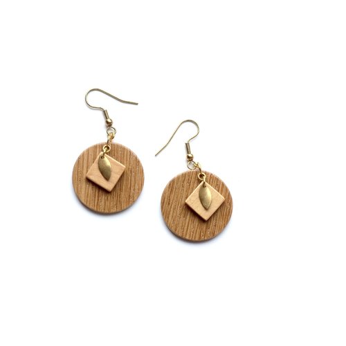 Boucles d'oreille formes géométriques en bois - duo rond et carré