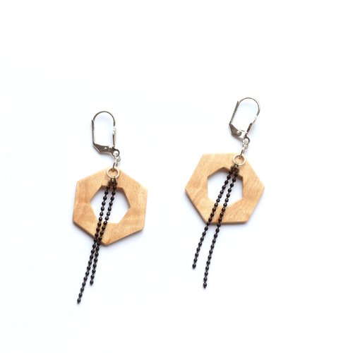 Boucles d'oreille hexagone en bois et chaine boule noire