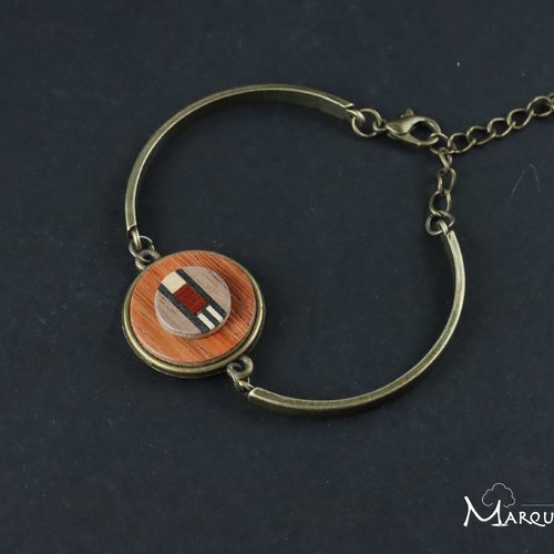 Bracelet rond style cabochon en bois, bracelet jonc semi rigide rond en marqueterie bois coloré