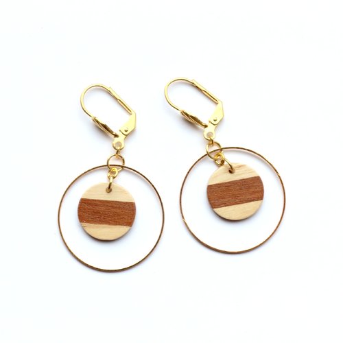Boucles d'oreille créole rond rayé en marqueterie bois