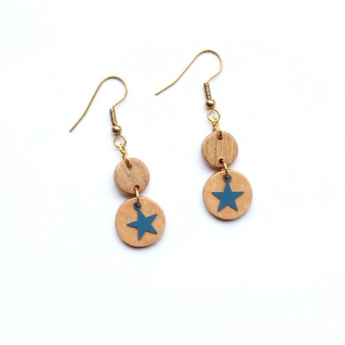 Boucles d'oreilles deux ronds en bois et étoile bleu métal