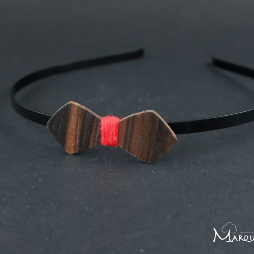 Serre tête noeud papillon en bois précieux noir et rouge