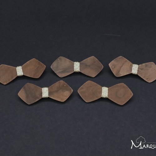Lot de 5 broches pin's noeud papillon en bois foncé et fil coton doré