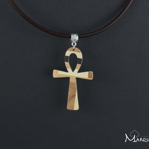 Collier ankh croix de vie, croix égyptienne ou ansée en bois mosaique