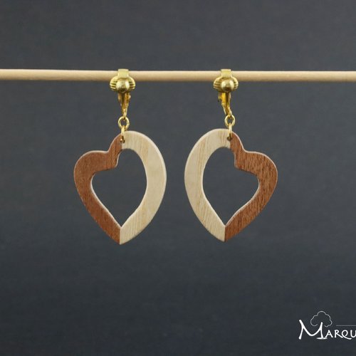 Clips d'oreilles coeur en bois - cadeau noces de bois - cadeau de saint valentin