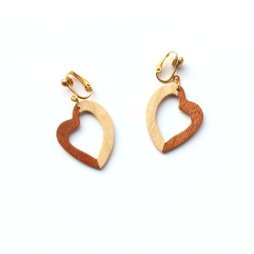 Clips d'oreilles coeur en bois - cadeau noces de bois - cadeau de saint valentin