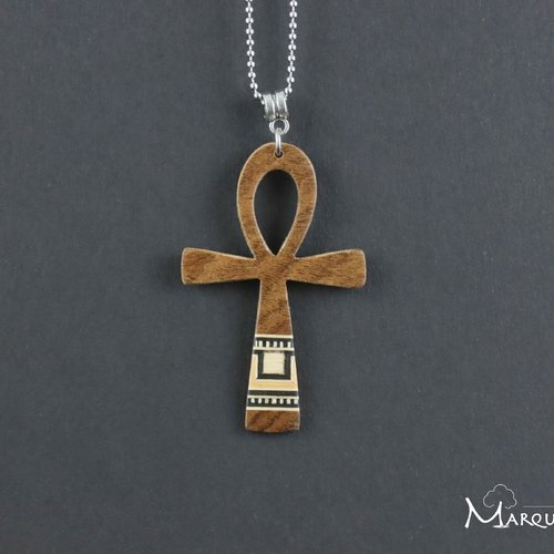 Collier ankh croix de vie, ou croix égyptienne en marqueterie bois