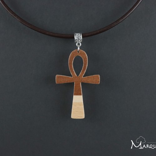Collier ankh croix de vie en bois, ou croix égyptienne en marqueterie bois