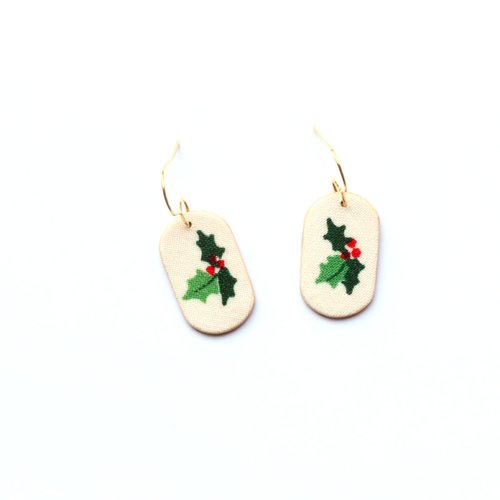 Boucles d'oreilles de noël en bois et tissu, motif houx