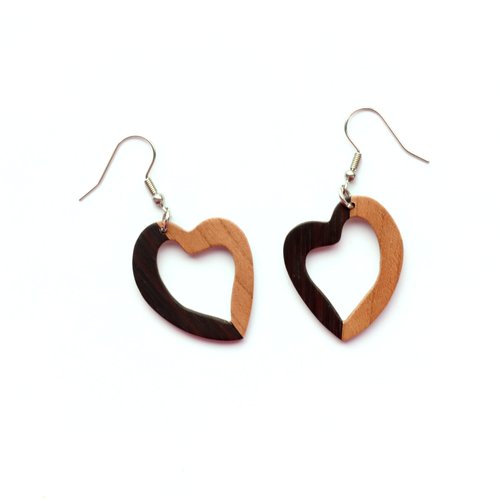 Boucles d'oreilles coeur en bois