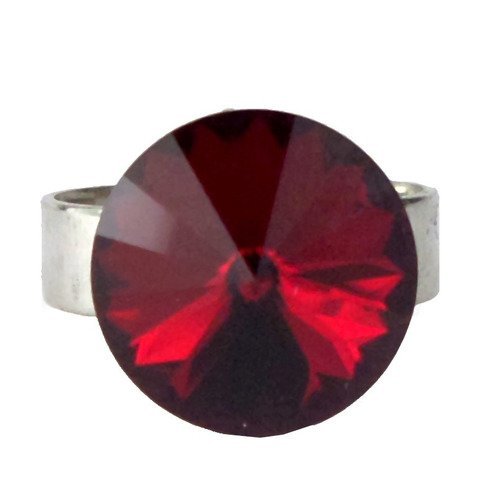 Bague ronde rouge cristal, anneau ajustable en laiton argenté rhodié, glamour 