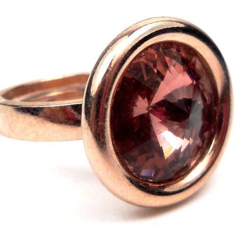 Bague ronde en argent doré rose et cristal rose blush, anneau ajustable