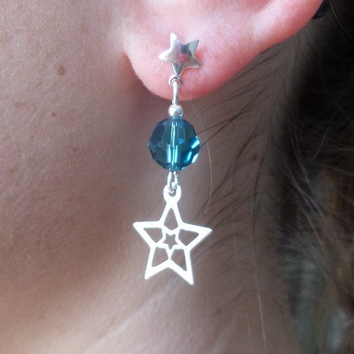 Boucles d'oreilles à clous étoiles en argent et cristal swarovski bleu, glamour rock