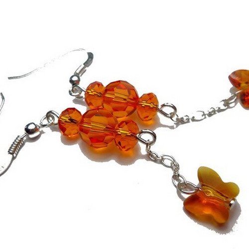 Boucles d'oreilles glamour romantique oranges papillons en argent et cristal
