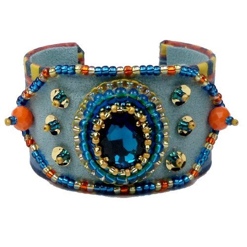 Bracelet manchette brodé créateur bleu et orange, boho chic