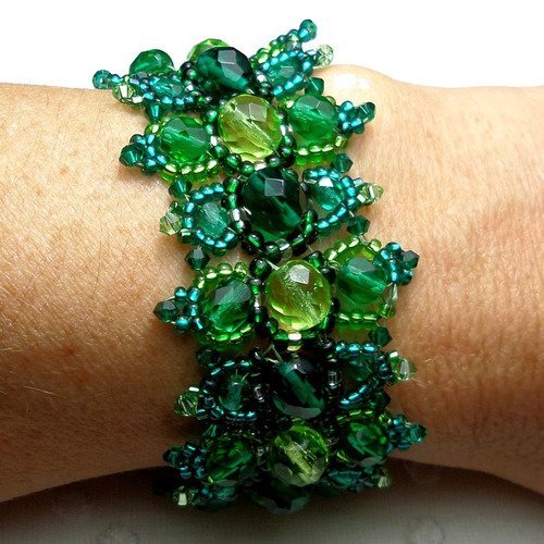Bracelet tissé créateur vert émeraude péridot en verre et cristal, rétro chic