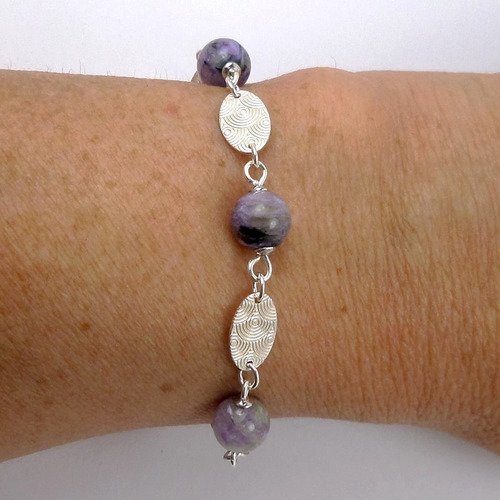 Bracelet en argent et pierre fine charoïte, violet mauve, moderne chic