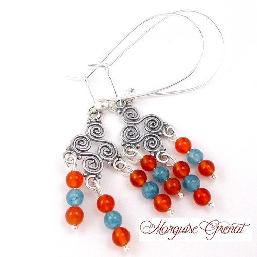 Boucles d'oreilles à longs crochets en argent cornaline et quartz, bleues oranges, hippie chic