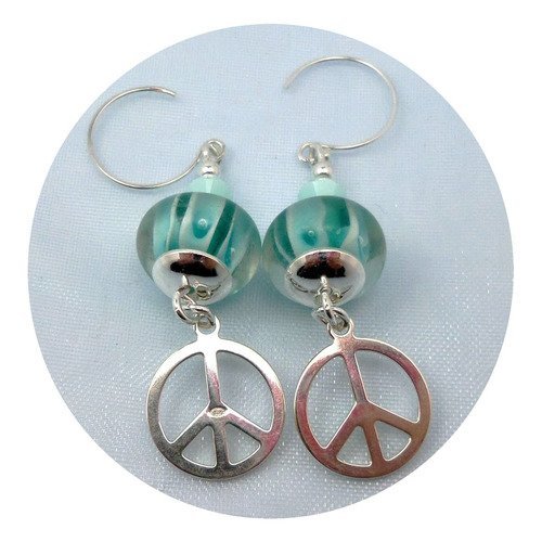 Boucles d'oreilles en argent vert deau, hippie chic, peace and love