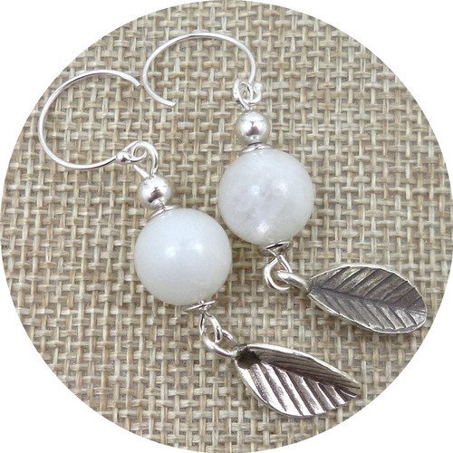 Boucles d'oreilles en argent blanches perles en pierre de lune, feuilles