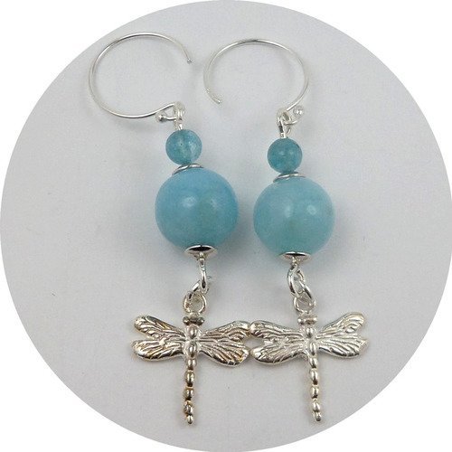 Boucles d'oreilles en argent bleues, perles en quartz, libellules