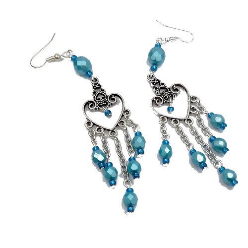Boucles d'oreilles chandeliers bleues aqua argentées en laiton et verre, hippie chic