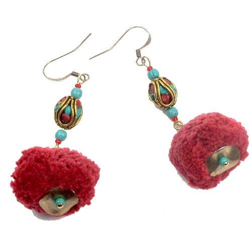 Boucles d'oreilles nomades rouges turquoises bronzes à pompons