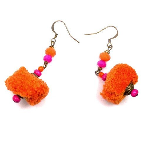 Boucles d'oreilles nomades oranges fuchsias bronzes à pompons