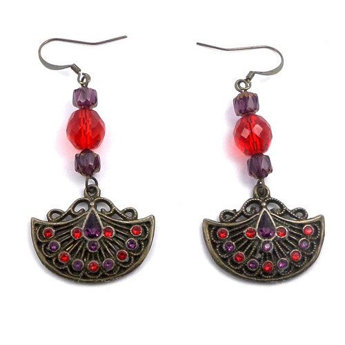 Boucles d'oreilles bronzes rouges violettes hippie chic en laiton et cristal swarovski