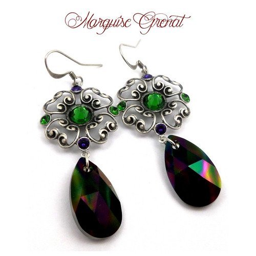 Boucles d'oreilles baroques vert violet argenté vieilli en cristal swarovski et laiton