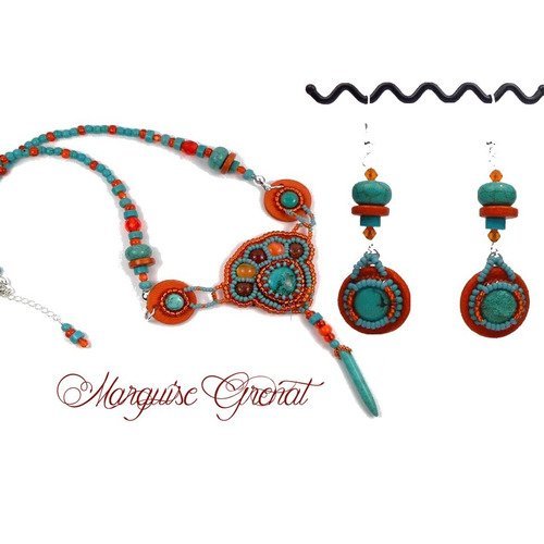 Parure créateur brodée collier boucles d'oreilles turquoise orange ethnique