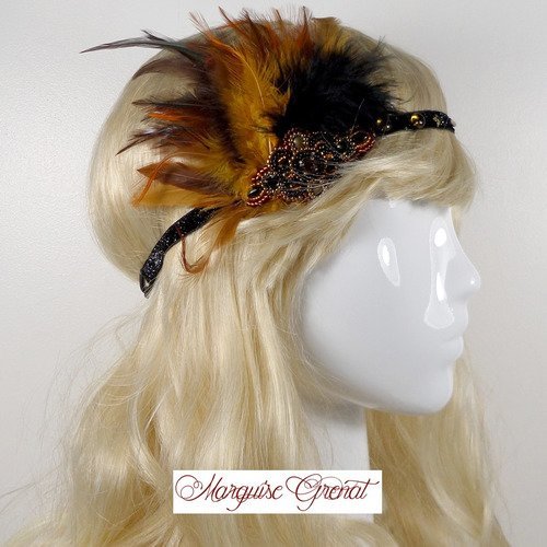 Headband créateur brodé rétro noir topaze bronze à plumes, cristal