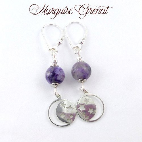 Boucles d'oreilles dormeuses en argent perles en charoïte violettes, sequins demi lune étoilée