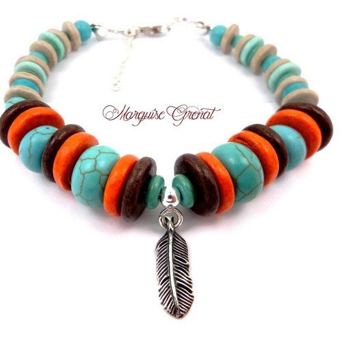 Bracelet unisexe bohème ethnique multicolore en argent turquoise et céramique
