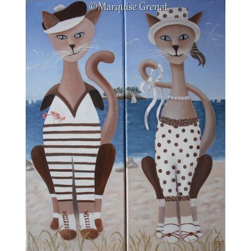 Les chats terton, diptyque, portrait couple animaux, peinture à l'huile