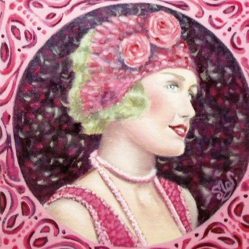 Carte d'art carrée portrait jeune femme rétro rose violet