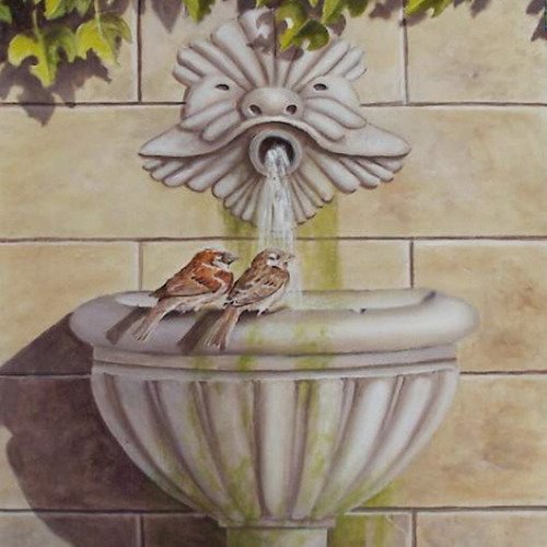La fontaine aux moineaux, peinture acrylique