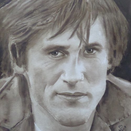 Portrait de gérard depardieu peinture aquarelle sépia