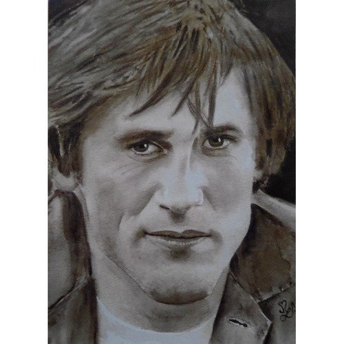 Gérard depardieu, reproduction de mon portrait peinture aquarelle sépia
