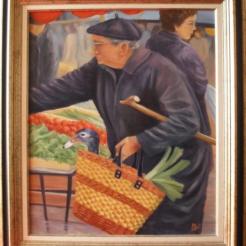 Canard aux poireaux, scène de marché peinture à l'huile
