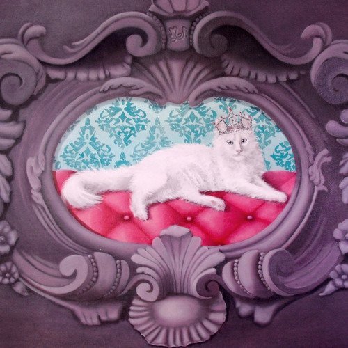 Sa majesté le chat, portrait chat roi angora blanc peinture à l'huile